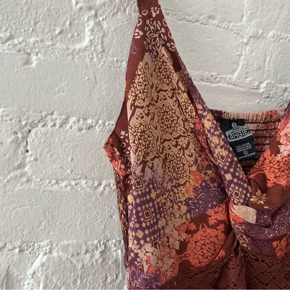 Angie Twist Front Patchwork Print Flowy Mini Dress Size L Boho Festival Hippie - Picture 5 of 12